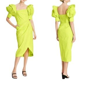 Chic Lime Green Puff Sleeve Midi Dress